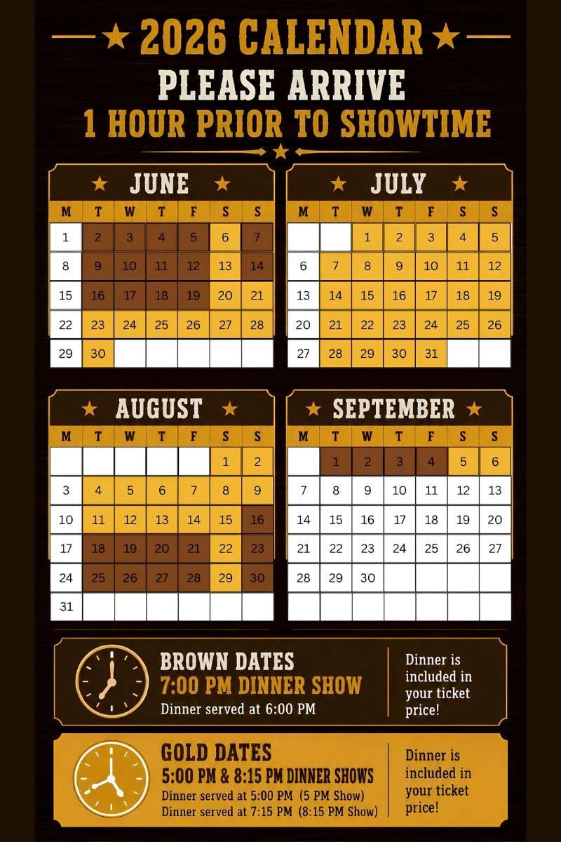 Sneaky Pete's Wild West Dinner Adventure 2026 Show Calendar