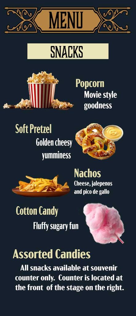 Popcorn Soft Pretzel Nachos Cotton Candy Assorted Candies