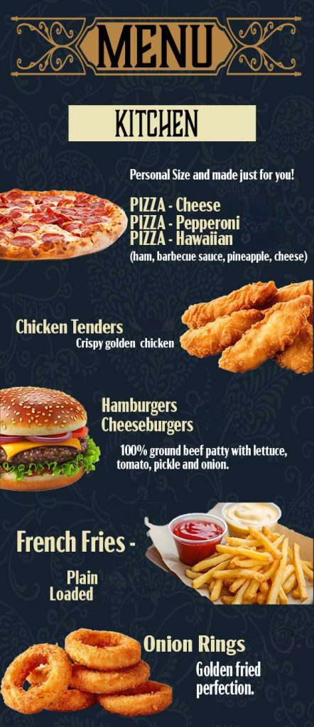 Pizza Chicken Tenders Hamburgers Cheeseburgers French Fries Onion Rings